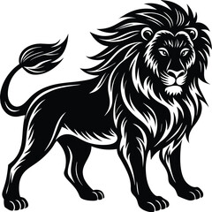 Majestic Lion Silhouette, Detailed Mane, Powerful Stance, Black and White, Isolated
