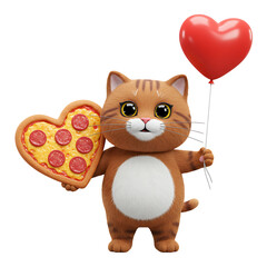 Cute Orange Cartoon Cat Holding Heart Shaped Pizza and Balloon