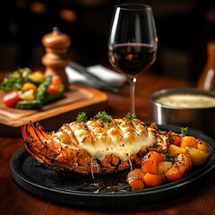 Grilled Lobster Tail with Garlic Butter Sauce, Roasted Vegetables, and Red Wine