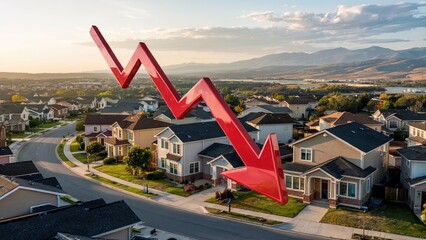 Descending red arrow overlaying suburban housing development, signaling real estate market downturn and property value reduction.