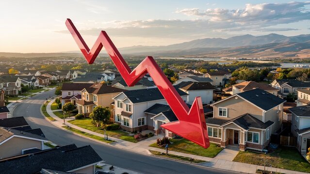 Descending red arrow overlaying suburban housing development, signaling real estate market downturn and property value reduction.