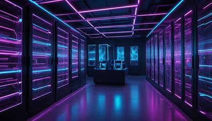 Futuristic Data Center Interior with Neon Lighting and Servers