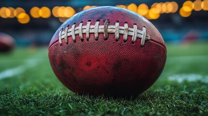 Football rests on grass, stitched seams highlighted, stadium lights blurred behind