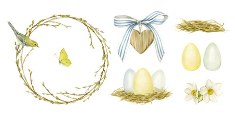 Easter set of eggs, branches, flowers and bird illustrations hand painted with watercolor, isolated from the background. Easter traditional objects for creating a festive seasonal design