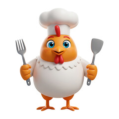 Smiling Cartoon Chicken Chef Holding Fork and Spatula