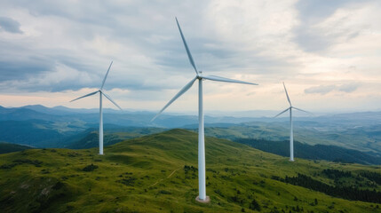 Green Energy Innovation Concept, stunning aerial view of wind farm integrated into lush green landscape, Sustainable Future.