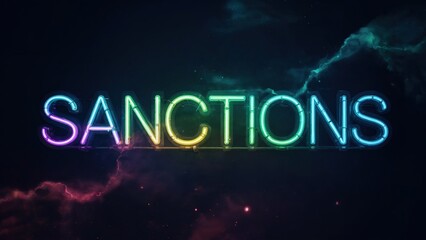 Neon lit sanctions text with digital glitch distortion signaling global economic pressure and trade limitation impact.