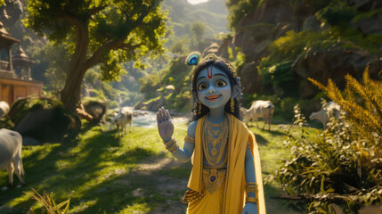 Lord baby krishna standing on beautiful nature background