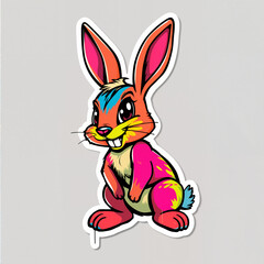 Obraz premium sticker with multicolored bunny, with white border, in graffiti style, on dark background