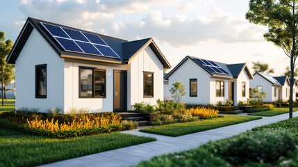 Green Energy Innovation Concept, Eco friendly houses with solar panels in green neighborhood, Sustainable Future.