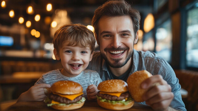 Father and son enjoy burgers at a cozy restaurant - Powered by Adobe