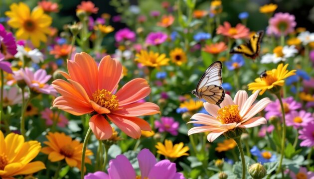 Pollinator Wonderland A lively garden scene where bees and butterflies flit among oversized flowers in a burst of color and life.