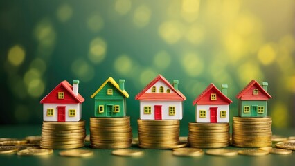 Tiny model houses with red roofs perched on stacks of gold coins