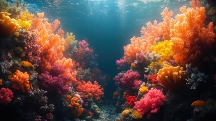 Fototapeta premium Underwater coral reef vibrant colors, sunlight shining through, marine life