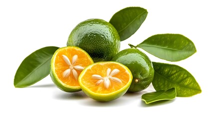 Vibrant Green Citrus Fruit with Fresh Leaves on White Background