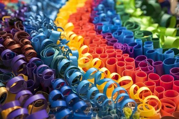 a vibrant array of colorful, curled ribbons or tapes