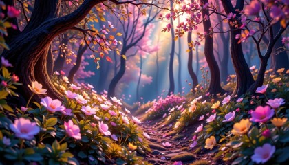 Fantasy Forest of Light An enchanting forest scene where flowers glow brightly alongside iridescent foliage, illuminating the path.