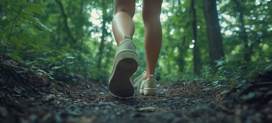 Close-Up of Female Hiking Shoes on a Forest Trail With Autumn Leaves

