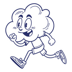Outline Cartoon Cloud Character Running with Shoes On, Happy Expression, Isolated On White