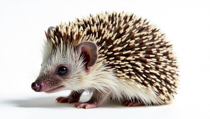 Fototapeta premium Close-up of a curled hedgehog on pure white, showcasing its spines and features, pet, white, macro