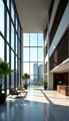 Obraz premium Modern high-rise condo building lobby with sleek architecture and large windows, modern architecture, high-rise condo