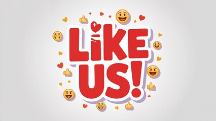 Red like us message surrounded by emojis with hearts and thumbs up, inviting users to engage on social media.