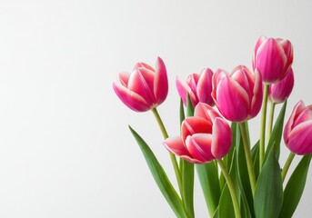 Fototapeta premium Vibrant bouquet of pink tulips with green stems and leaves against a smooth, bright white background
