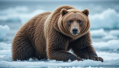 Obraz premium Majestic Brown Bear on Icy Shoreline, Intense Gaze