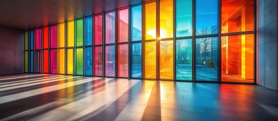 Colorful sunlit windows, modern building interior, city view