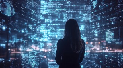Woman Facing Digital Data Streams