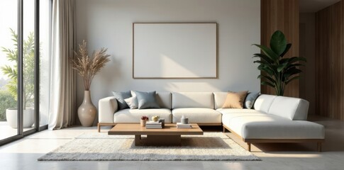 Minimalist modern living room with a sleek coffee table , interior design, furniture