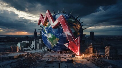 Downward red arrow hovering near planet earth, encircled by missiles, devastated urban landscape revealing global economic tension.