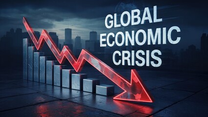 Red neon arrow pointing down with text global economic crisis, symbolizing financial recession and economic downturn.