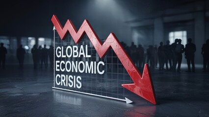 Red arrow pointing down representing global economic crisis with concerned business people in background.