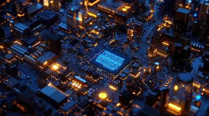 A highly detailed and intricate circuit board with complex electronic components glowing in blue