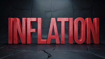 Red inflation text is placed on a dark cracked background, representing economic decline and rising prices.