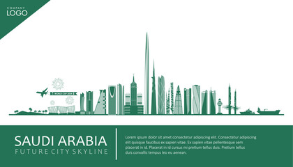 Fototapeta premium Saudi Arabia future city skyline with iconic skyscrapers and mega structure development project. Best for Saudi Vision 2030, World Cup 2034, events, travel, tourism or economic development themes.