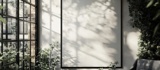 Blank canvas mockup, sunlit room, greenery, window