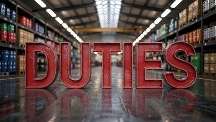 Oversized red word duties resting on logistics warehouse floor, symbolizing global trade taxation responsibilities.
