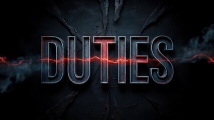 Red energy flowing through the word duties written in dark metal letters on a cracked dark background, representing the concept of duty and responsibility.