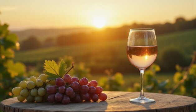 Glass of rose wine and bunches of green and red grapes are placed on wooden surface with a scenic vineyard in the background during sunset. Wine enthusiasts and vineyard promotions.