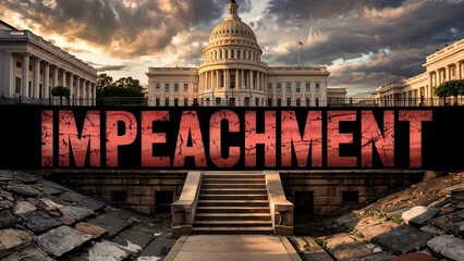 ?apitol building at sunset with the word impeachment superimposed in a dramatic, cracked font, suggesting political turmoil.