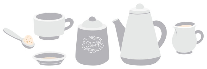 Kitchen utensils for tea drinking. Porcelain teapot, mug, saucer, sugar bowl, cream container. The dishes are varied. Retro-style flatware for liquids. Separate color illustration in gray