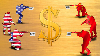 Trade war between the United States and China represented by soldiers and flags with the word tariff