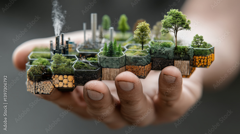 Poster hand holds miniature ecosystem with trees, industrial structures, and hexagonal sections, symbolizin