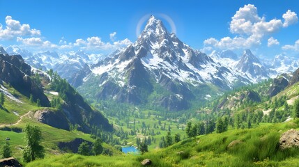 Obraz premium Majestic Mountain Landscape Under Clear Blue Sky with Echoing Sounds