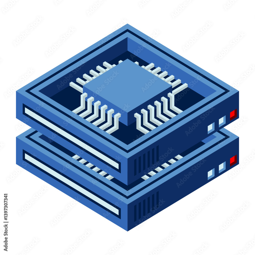 Poster isometric futuristic server. isometric database or data center. abstract blockchain. computer storag