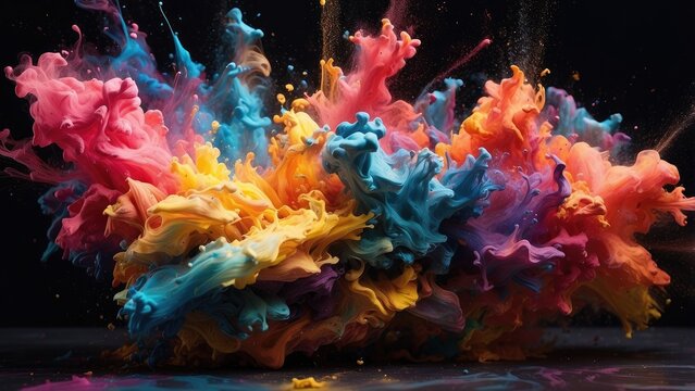 An explosion of vibrant colored powders and smoke captured against a black background.