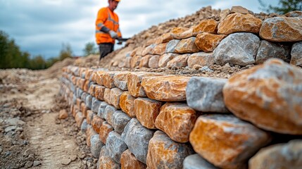 Stone wall construction underway, worker in background