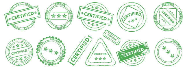 Set of Certified Stamps and Seals. Vector icon collection for approval of document. Design elements for authenticity, quality assurance, and approval content.